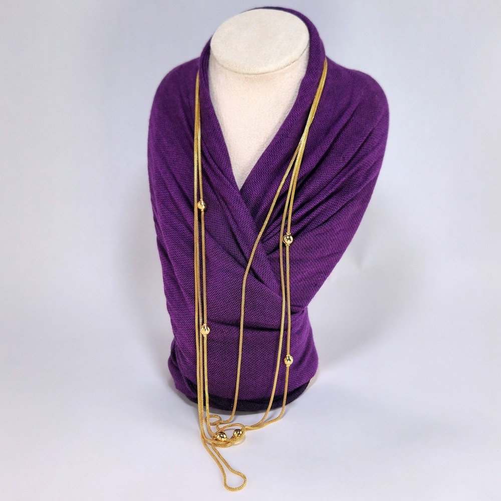 Gold Tone Triple Strand Necklace Ball Station Beads Long Opera Length
